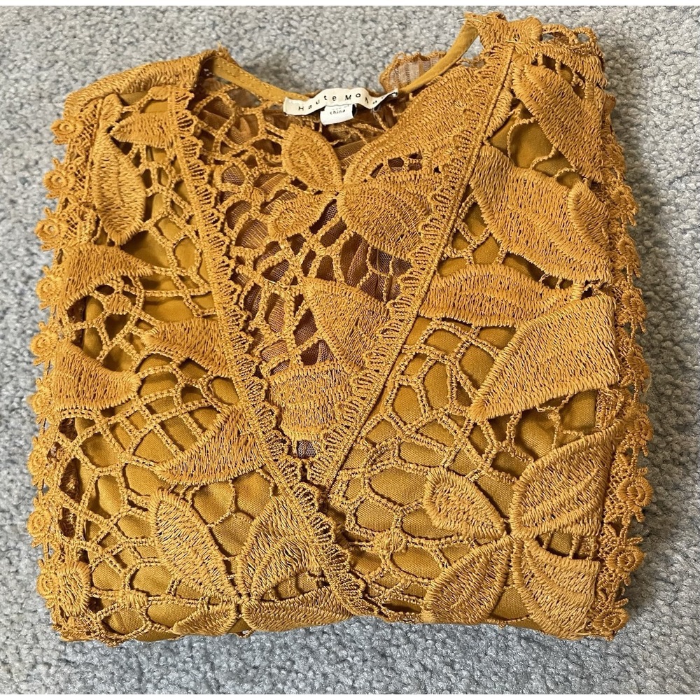 Haute Monde Floral Embroidery Peplum Blouse S Gold Lace Sheer Puff Sleeve Party - Picture 15 of 15